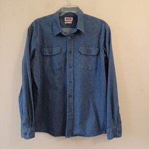 Wrangler XL Shirt Jean Blue Utility Long Sleeve Western Cowboy Flex Comfort Mens